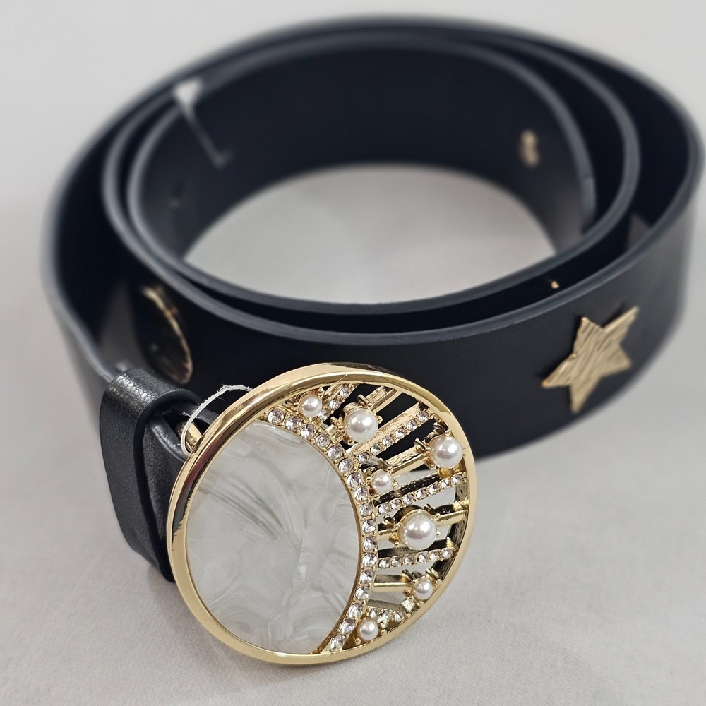 Chicos Moon & Stars Trouser Belt Womens M Black Faux Leather Gold Stone Crystal